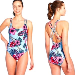 NEW Kona Sol Blue Tropical Floral One Piece Bathing Suit Swimsuit Sz M  8/10